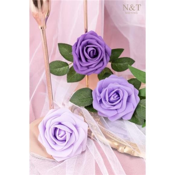 Purple Roses Artificial Flowers 25Pcs Fake Flowers Foam Roses with Stems for DIY - Picture 6 of 6